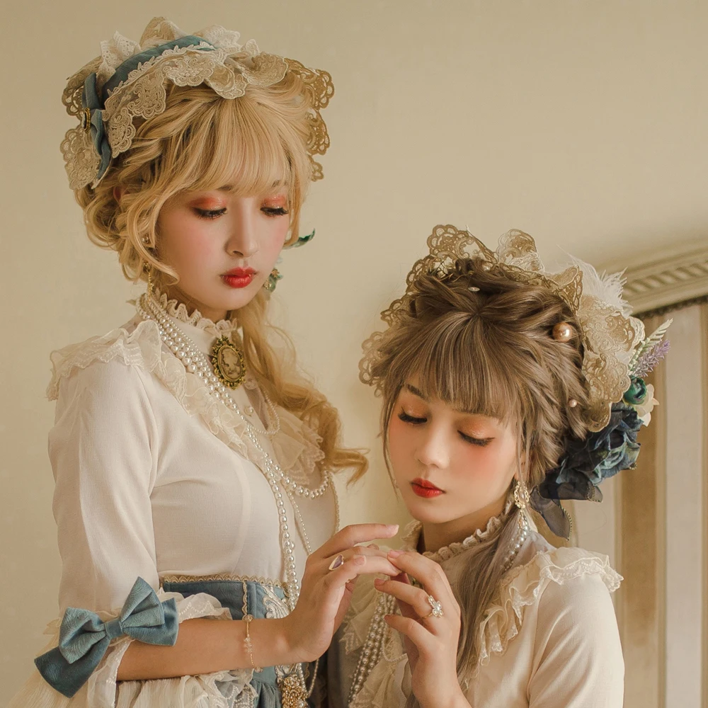オリジナルデザインエリザベスロリータレース柄ベルベットボンネットヘアバンド小さなアクセサリーダークパターンウェーブドットブランドスタイル