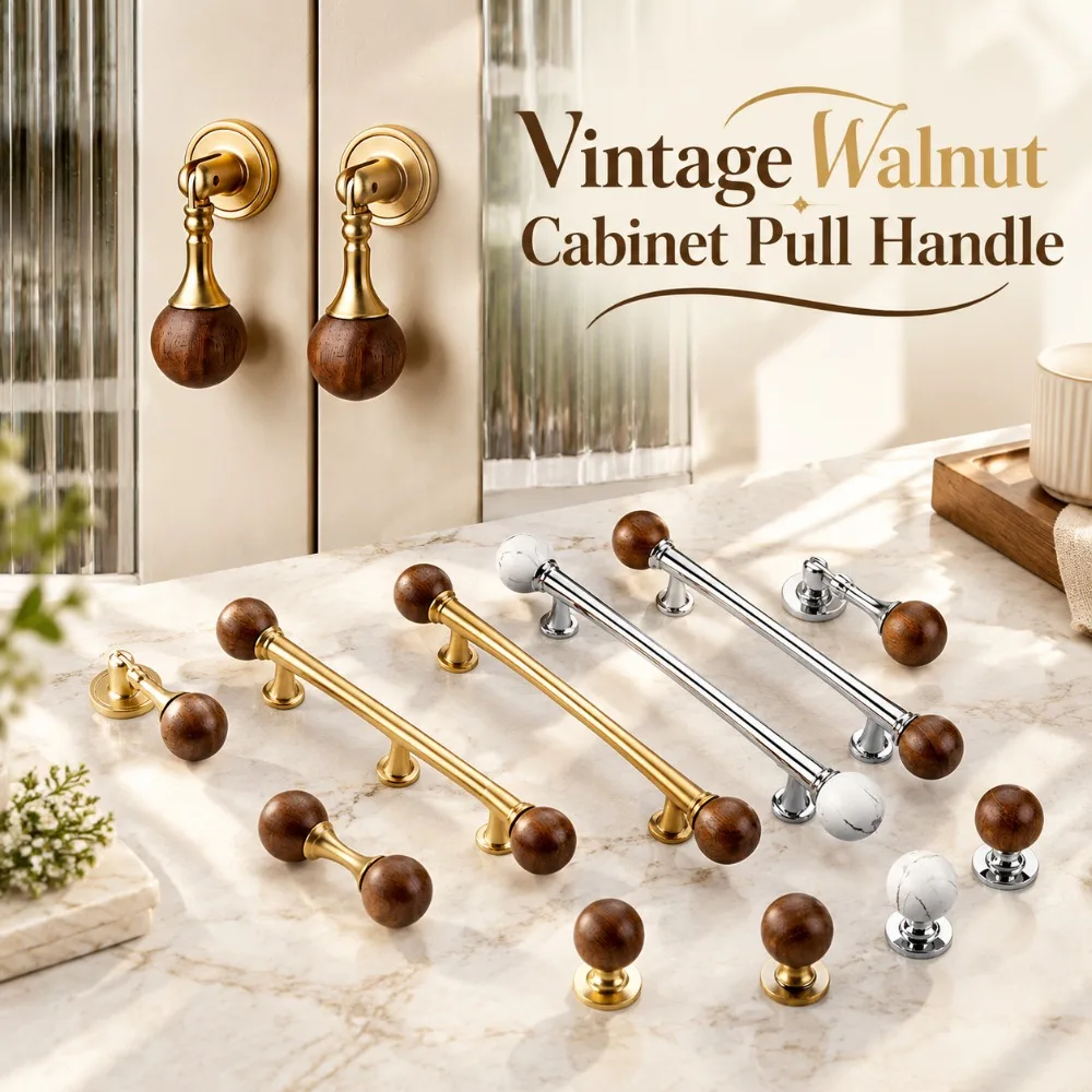 Vintage Walnut Cabinet Pull Handle French Style Marble Wood Drawer Knob Solid Sturdy Wardrobe Door Handle Furniture Hardware