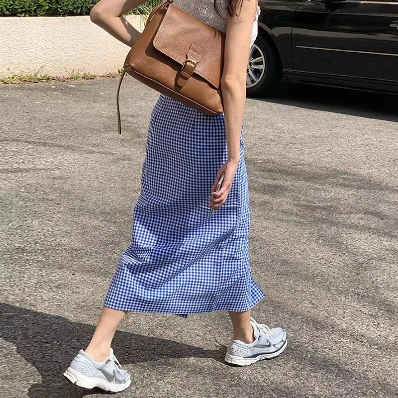 

Korean Sle High Waist Plaid Skirt Women's Faion Summer Chic One Button Design Slit Versatile f-length Skirt