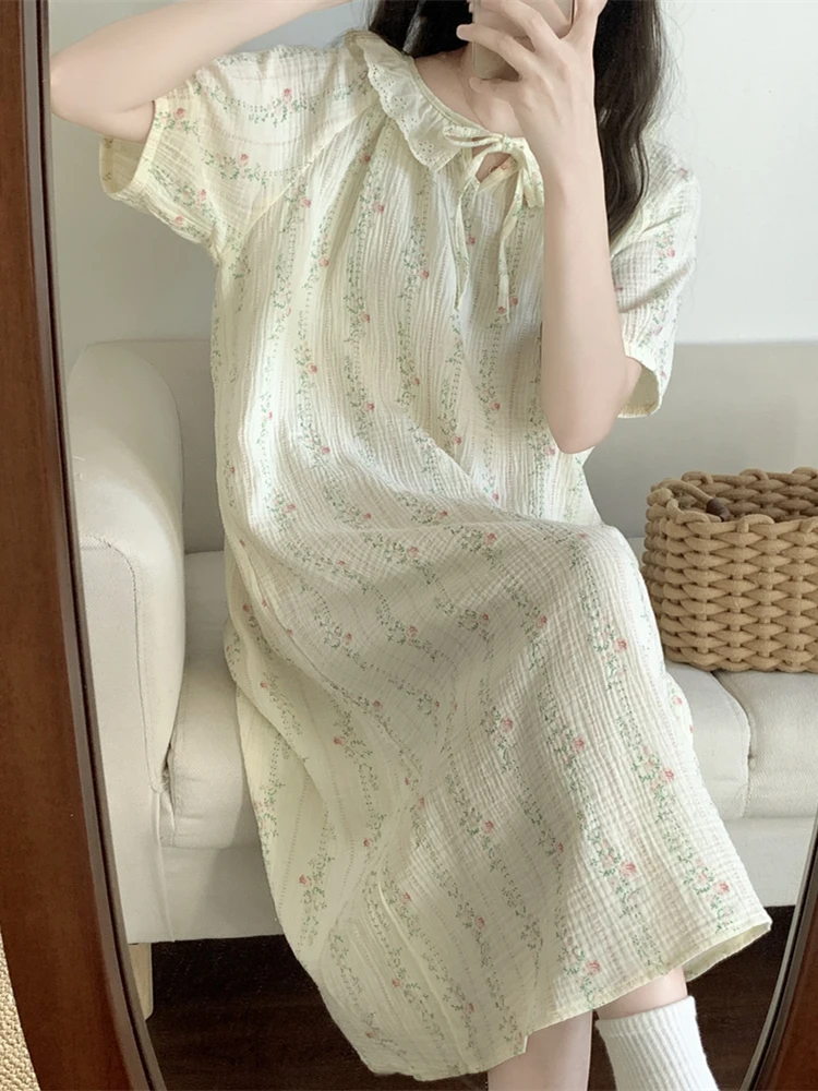 

Summer Floral Lace Trim ort Sve Sp Dr Women's Loose Casual Home Wear Doll Collar Long Skirt Sle Comfortable Nigh...
