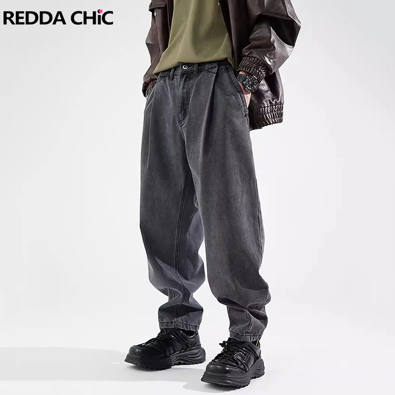 

REDDACHIC Pintuck Wide Leg Denim Harem Pants for Men Vintage Gray Solid Cleanfit Elastic Waist Baggy Jeans Acubi Fashion Clothes