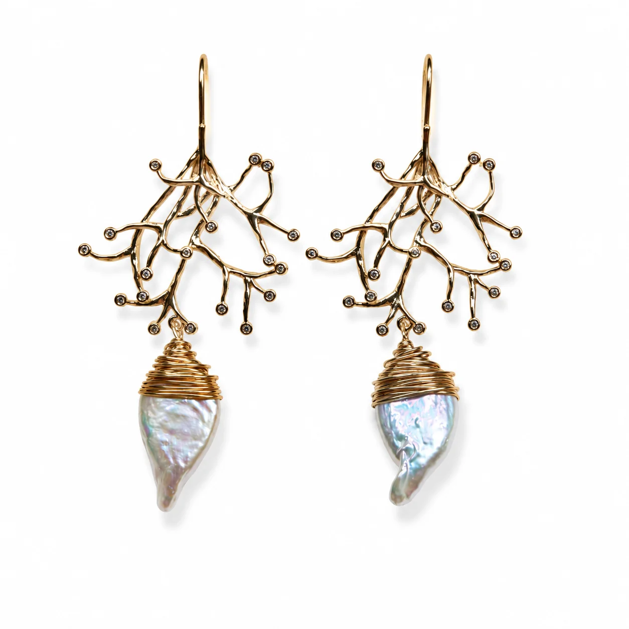 Artistic Ocean Flora Pearl Drop Hoop Earrings, Sculpted Marine Plant Design, Light Luxury Statement Jewelry