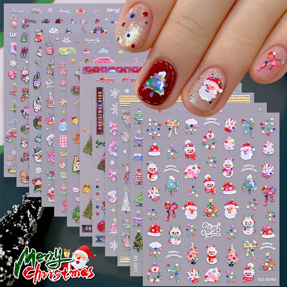 1 unidad 5D muñeco de nieve hombre de jengibre pegatina navideña para uñas árbol de Navidad Santa Claus copos de nieve arco adhesivo calcomanías deslizadores de uñas de invierno