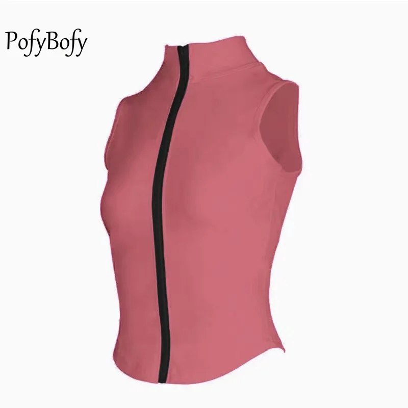 PofyBofy Stand Collar Slim Fit Full Zipper Sleeveless Jacket Quick Drying Absorbent Women Yoga Shirt Fitness Training Sportwear