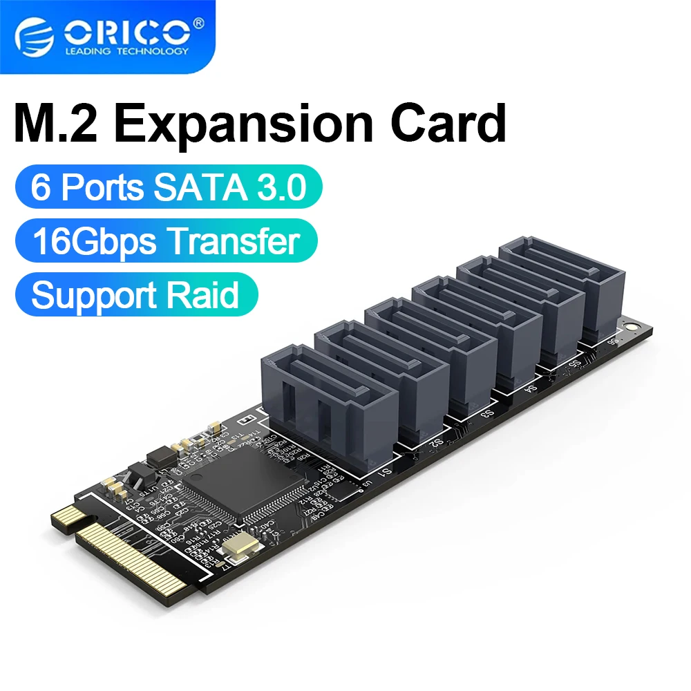 ORICO M.2 NVME to SATA3.0 Adapter Card 6 Ports PCIe Gen3 SATA 3.0 16G Expansion Card for PC Computer Expansion Support RAID