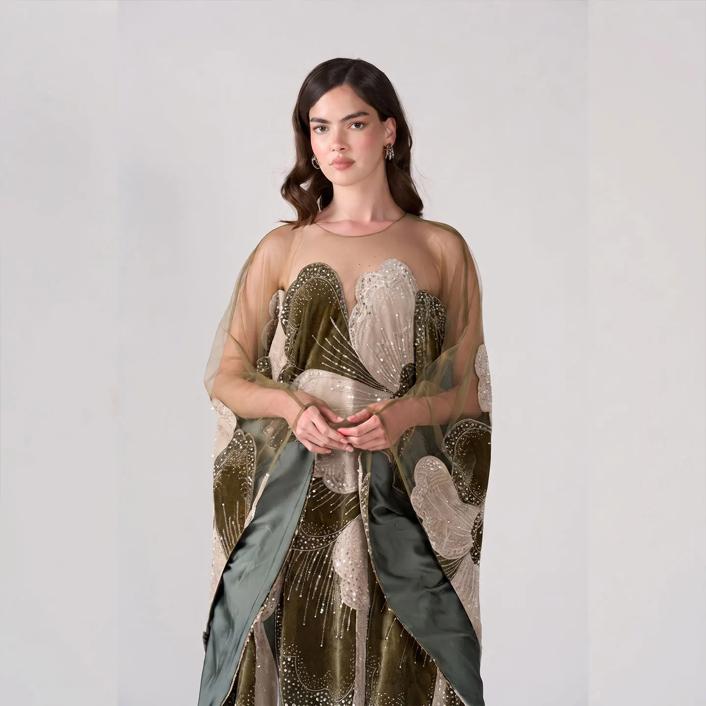 Sharon Said Luxury Green Oversized Kaftan Evening Dress Wide Flare Sleeve Floral Beaded Green Formal Party Gowns SS669 Custom