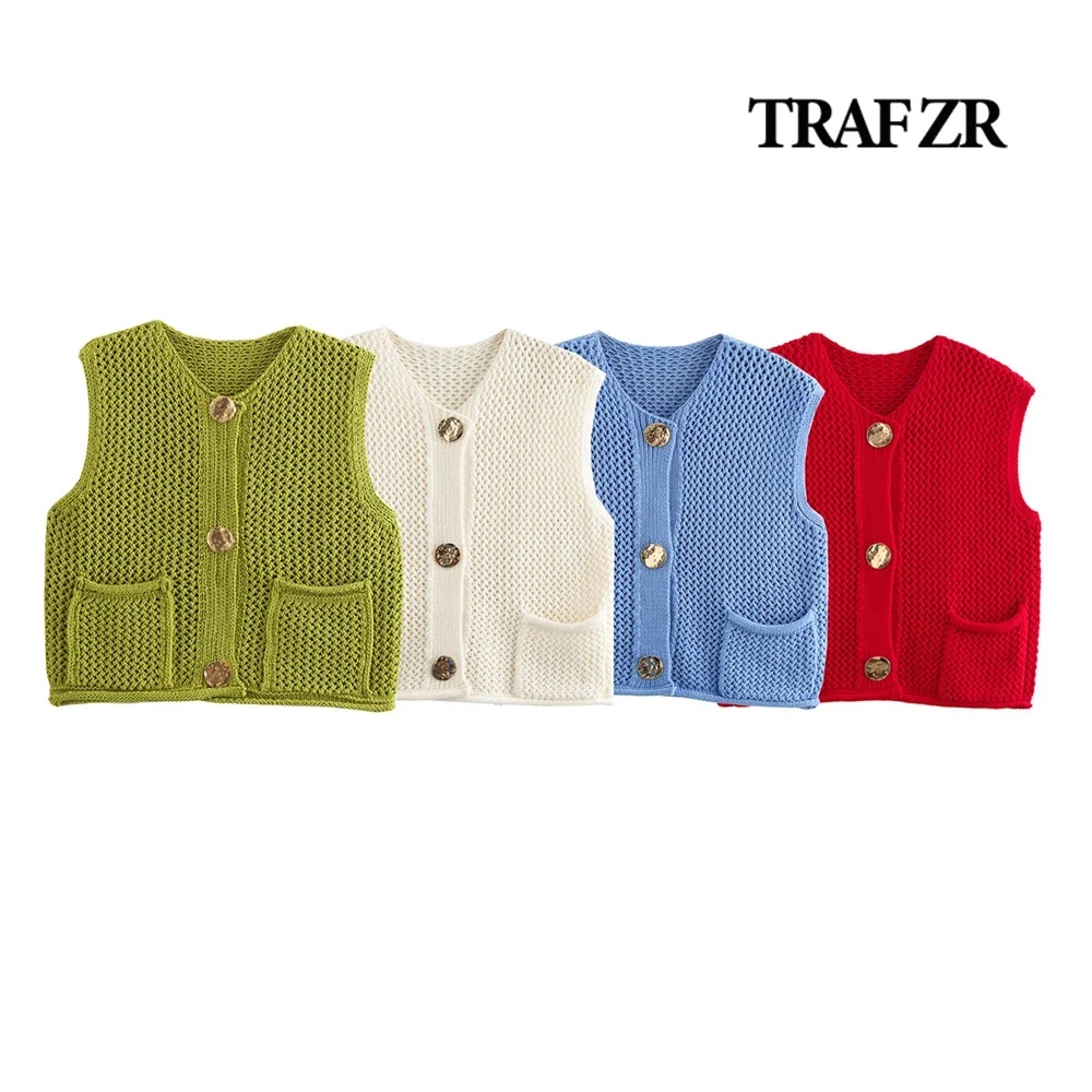 TRAF ZR Elegant Hollow Out Off Shoulder Tanks & Camis Vintage Vest Top Front Gold Buttons Crochet Chuncy Cardigan Y2k Tank Top