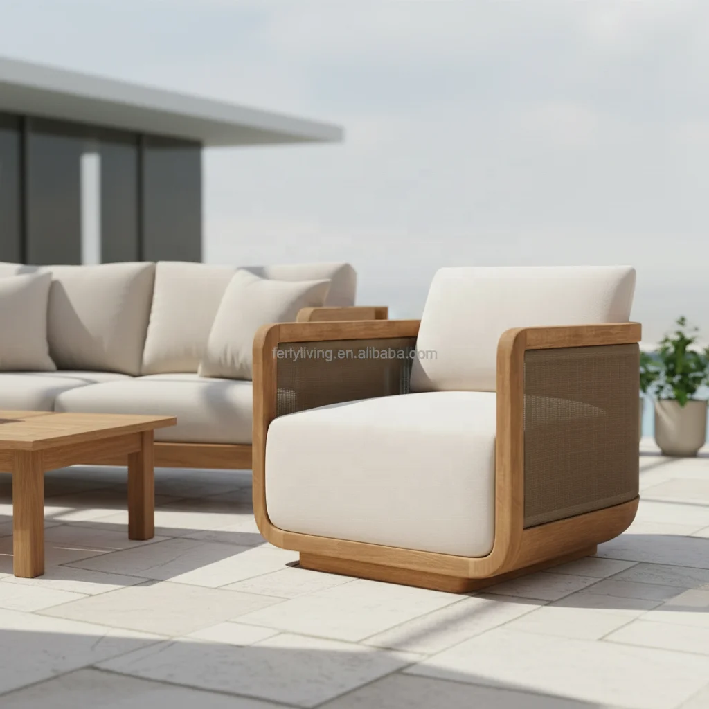 Modern Style Teak Eco-Friendly Durable Outdoor Rope Single Sofa Chair Dining Lounge Garden Patio Restaurant Park Hotels