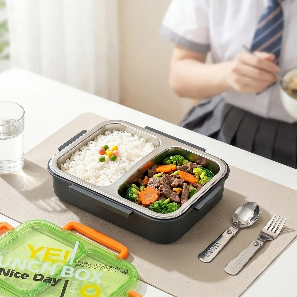 Microwavable 304 Stainless Steel Bento Lunch Box Divided Food Storage Containers Leakproof Meal Prep for Kids Students School
