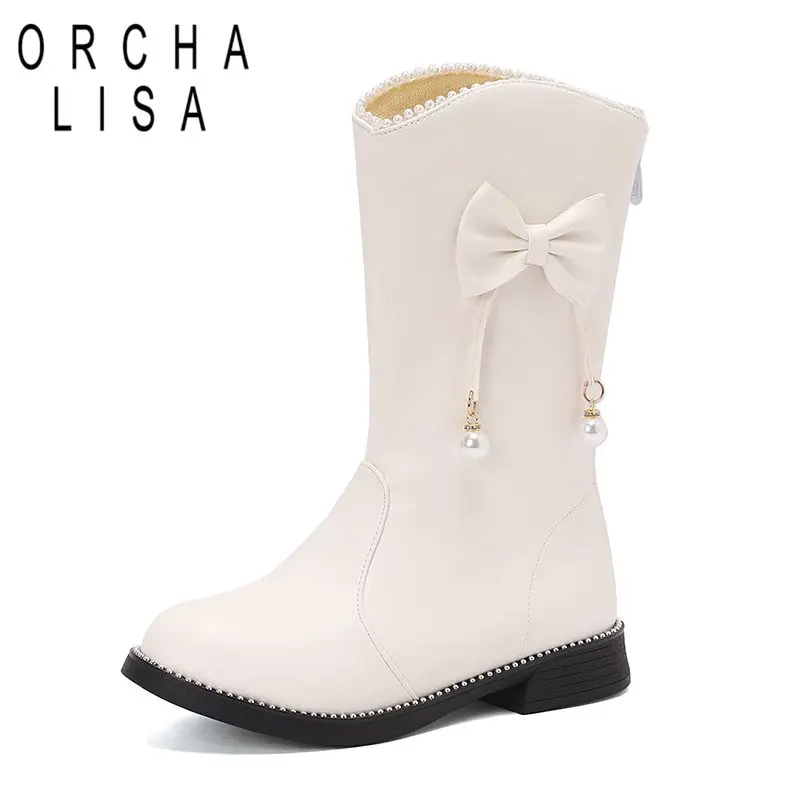 

ORCHALISA Sweet Girls Mid Calf Boots Slip On Bowknot Small Size 31 32 33 Princess School Bota Round Toe Low Heels 2.5cm