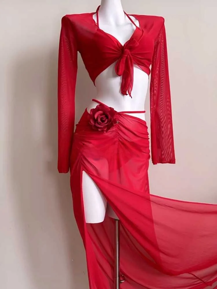 

Сексуальный белый комплект бикини из четырех предметов с длинными рукавами для отпуска и термальных источников, красный цвет, новинка, бренд YONGGEER