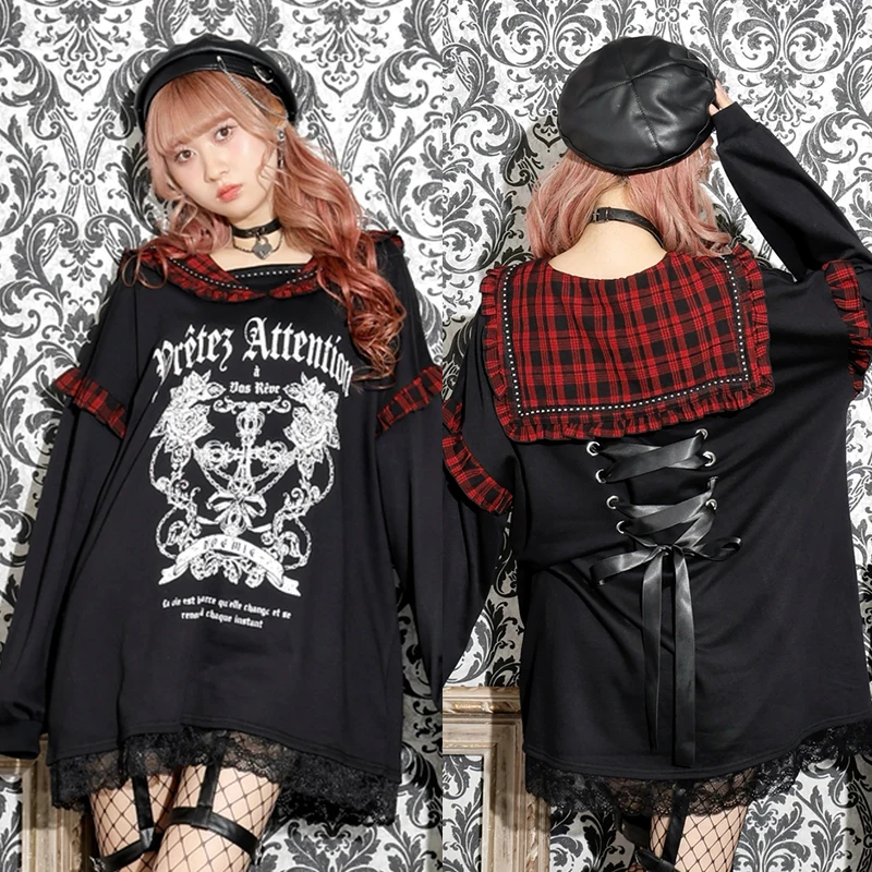 Stitch Vintage Subculture Print Black Long Sleeve Hoodies Autumn New Y2k Lace-up Design Hoodie Women's Lace Splicing Loose Top