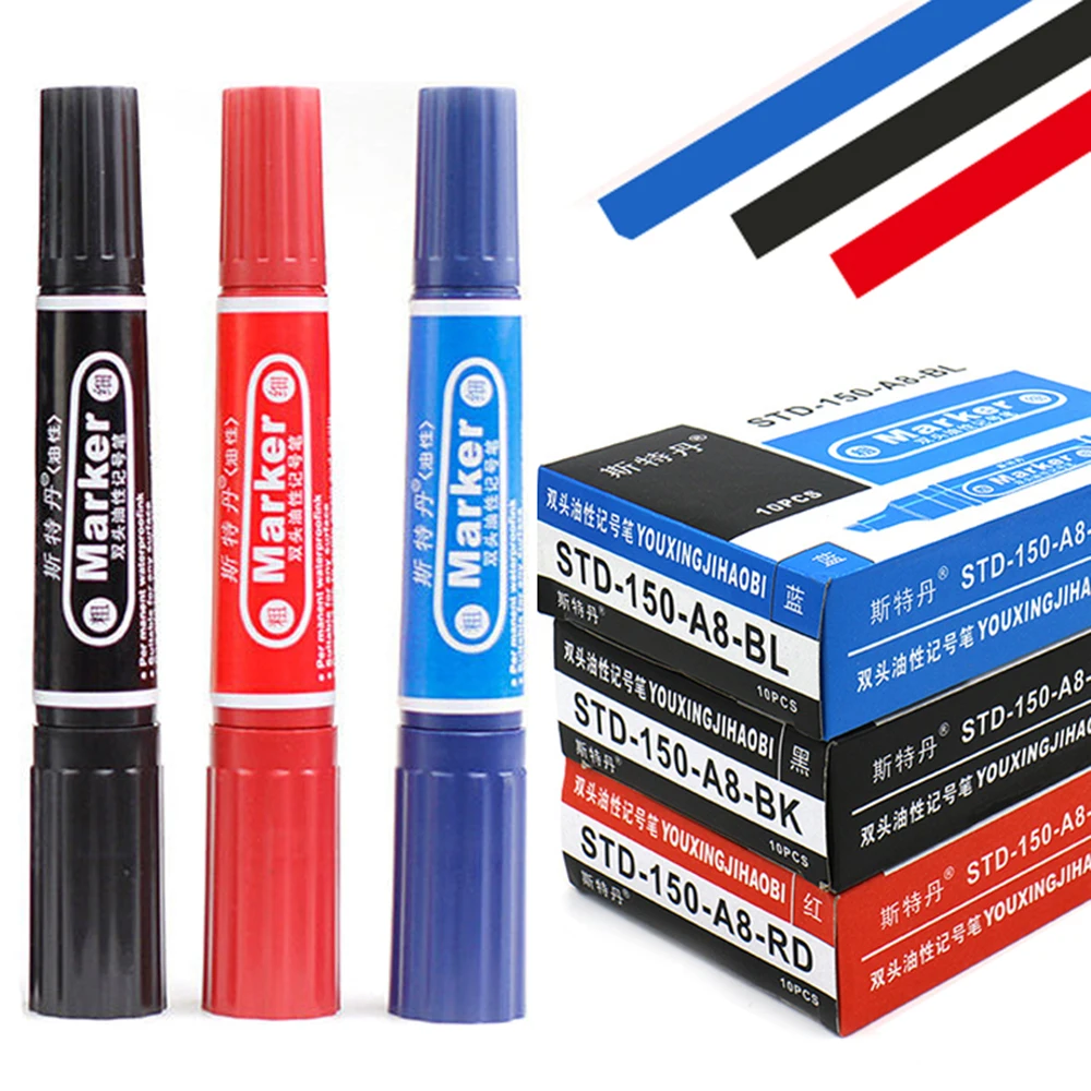 10Pcs Black/Red/Blue Waterproof Markers Pen,Black Paint Pens for Stone,Carton,Ceramic Glass Wood ,Office and School Supplies