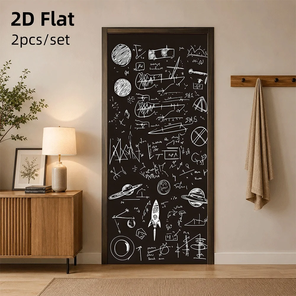 1 autocollant créatif noir et blanc pour porte, motif astronaute, planète, fusée, espace, autocollant mural pour chambre d'enfant, plan 2D