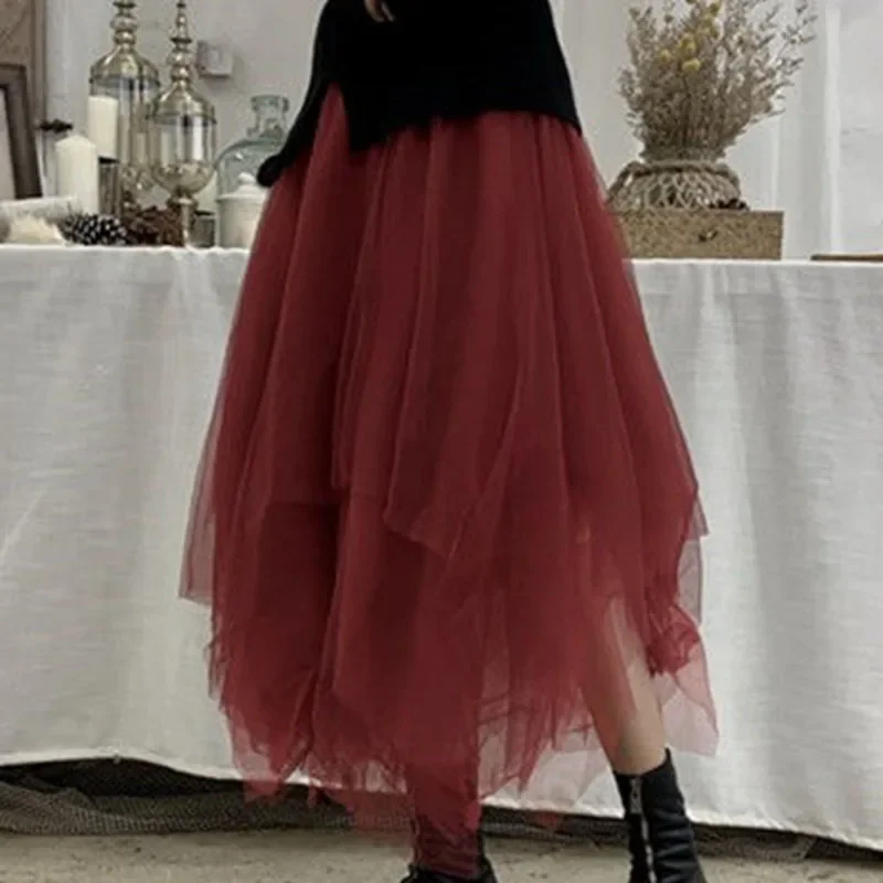 

Black Gothic Tulle Midi Skirts Women Korean Style High Waist Asymmetrical Puffy Skirt Woman 2023 Summer Muti-Layer A-Line Skirt