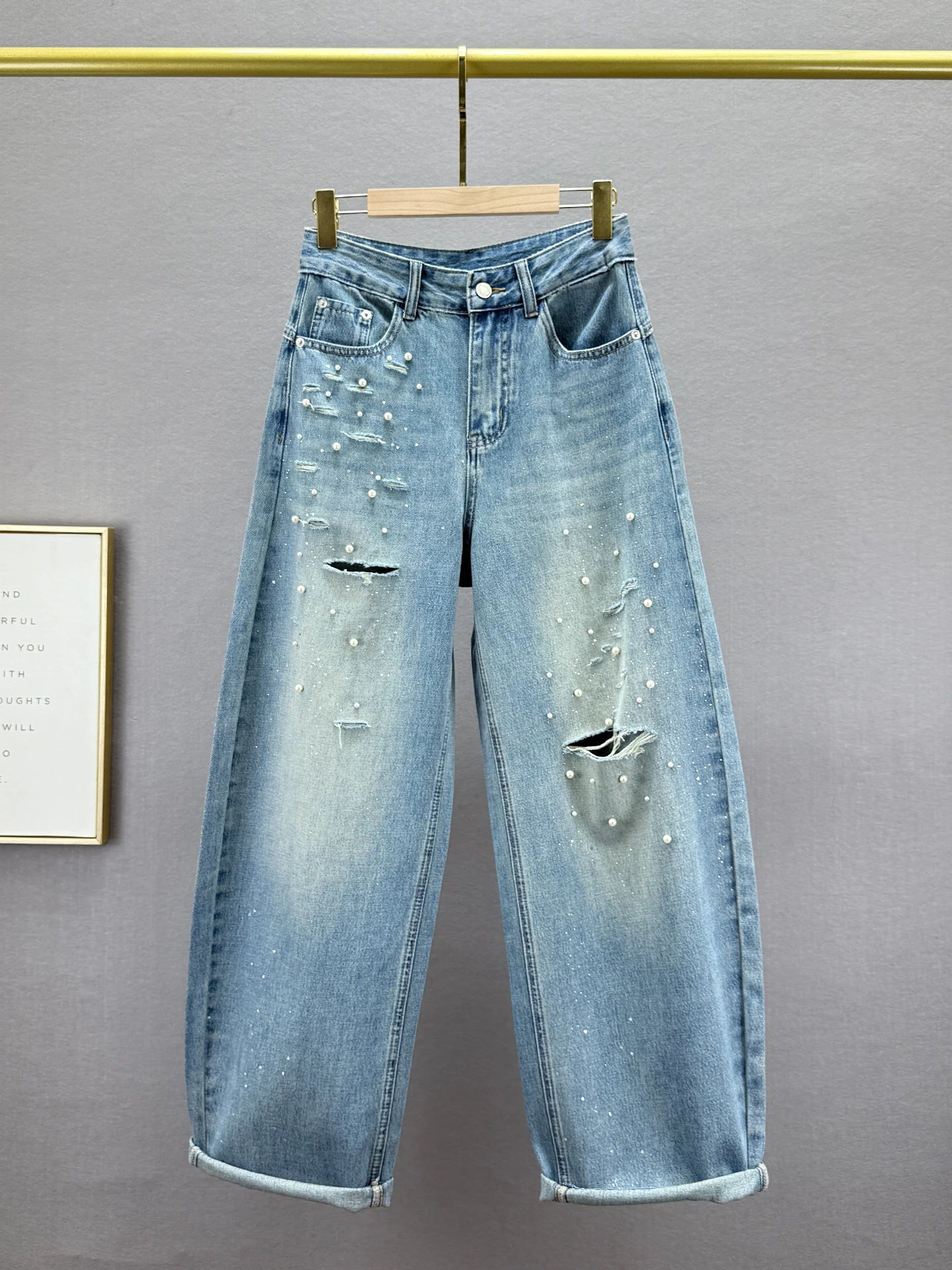 

Женские джинсы с высокой талией свободного кроя, весна 2026, в гонконгском стиле, с жемчужной отделкой, рваные, длинные брюки, повседневная одежда