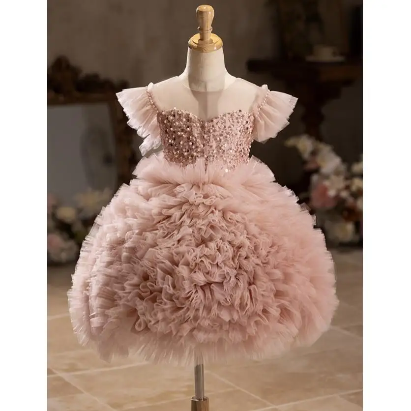 New Children's Host Piano Performance Pink Ball Gown Wedding Birthday Party Flower Girl Dress A4299 Vestidos Bridesmaid Dresses