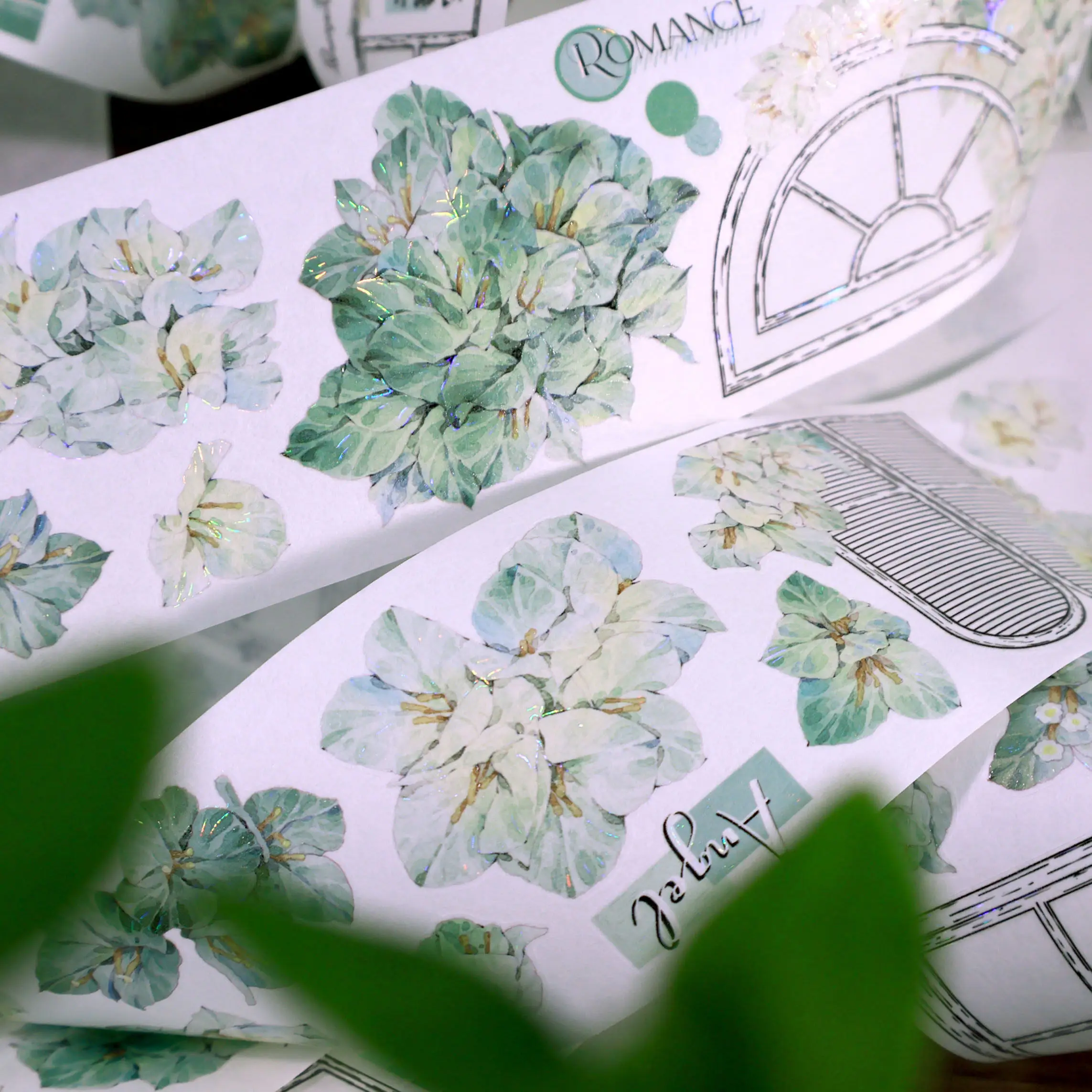 Flower Washi Pet Tape Vintage Green BougainvilleaShell Shiny Pre-cut For Journal DIY Scrapbooking Journal Decorative Sticker