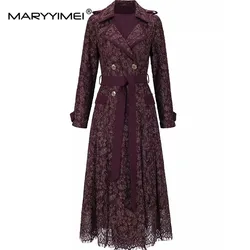 MARYYIMEI Autumn and winter Women's Dress Notched Long-Sleeved Double-breasted Lace-Up Lace Hollow Out S-3XL Dresses