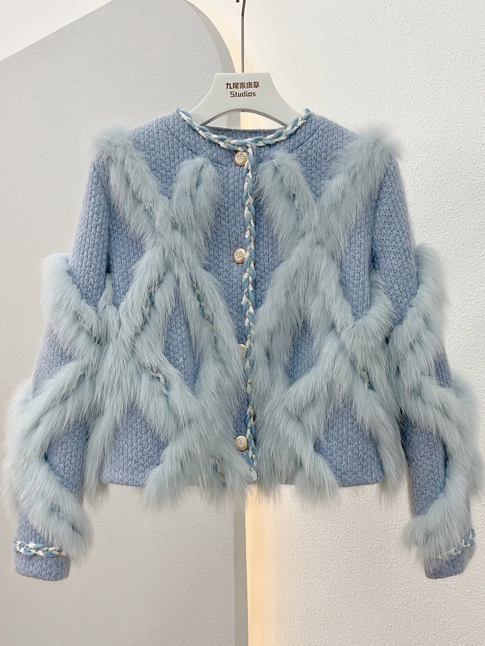 Short Woolen Splicing Real Fox Fur Coat Young 2023 Winter New O-neck Long Sleeve Fluffy Fur Jackets Knitted Slim Women's Clothes