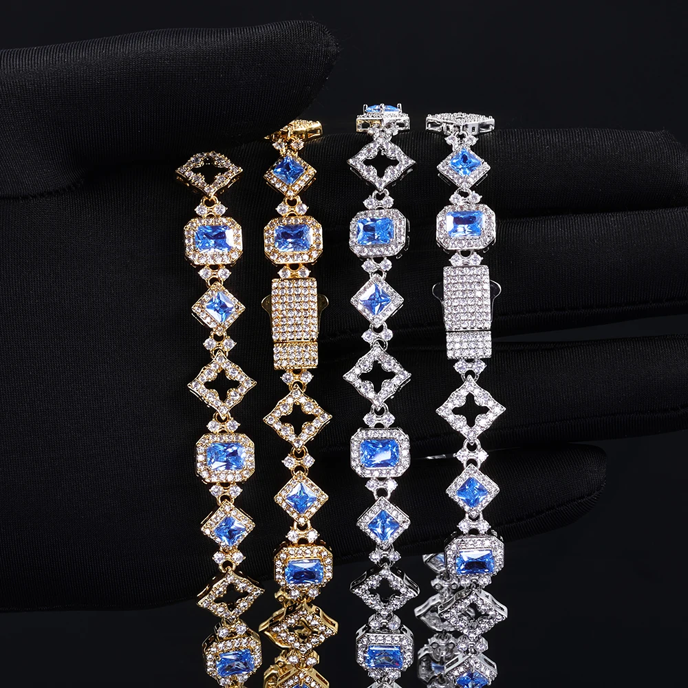 

Newest Design 11mm Elegant Blue CZ Gemstone Chain Hip Hop Jewelry for Women MenHollowed Iced Out Stars Necklace Bracelet