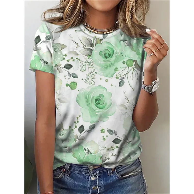 Fashion 3D Women\'s Flower T-shirt Fun Flower Pattern Short sleeved Girl T-shirt Summer Leisure O-neck T-shirt Women\'s Clothing