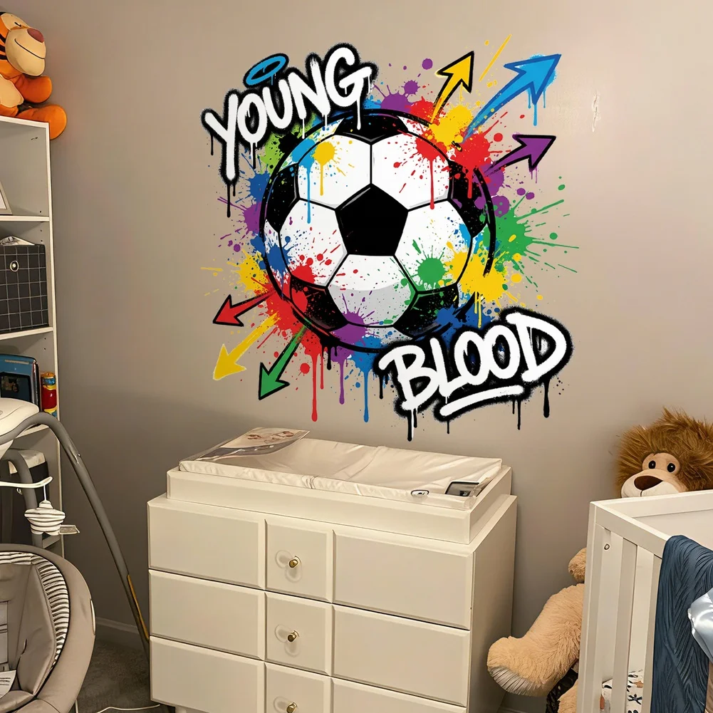 Dynamic Soccer Wall Decal Featuring Ball Paint Splatter and Arrows for Childrens Room PVC Sticker 21.65 x 22.04 in