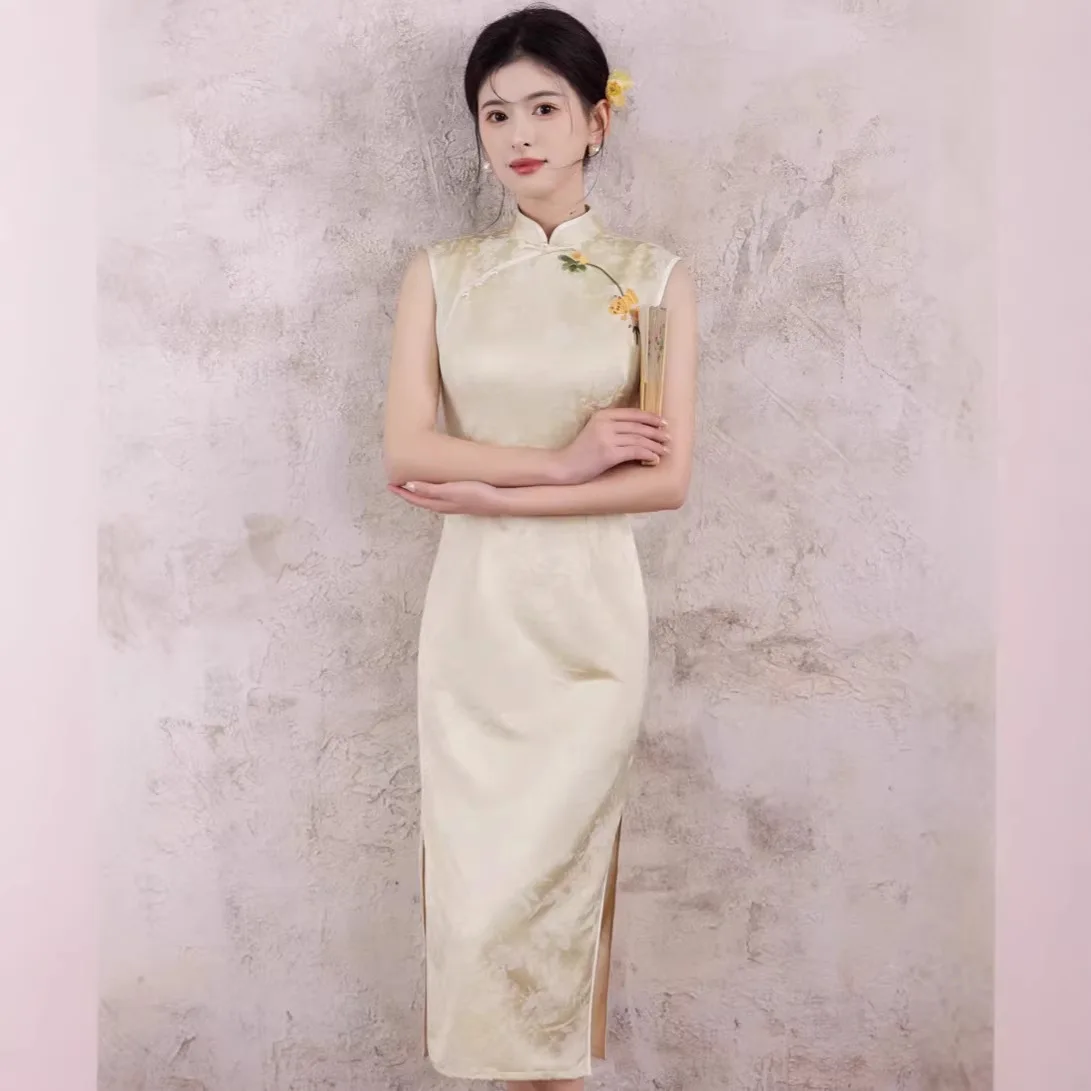 Yourqipao Summer Jacquard Double-layer Embroidered Sleeveless Long Off-white Cheongsam Chinese Style Qipao Dress for Woemn