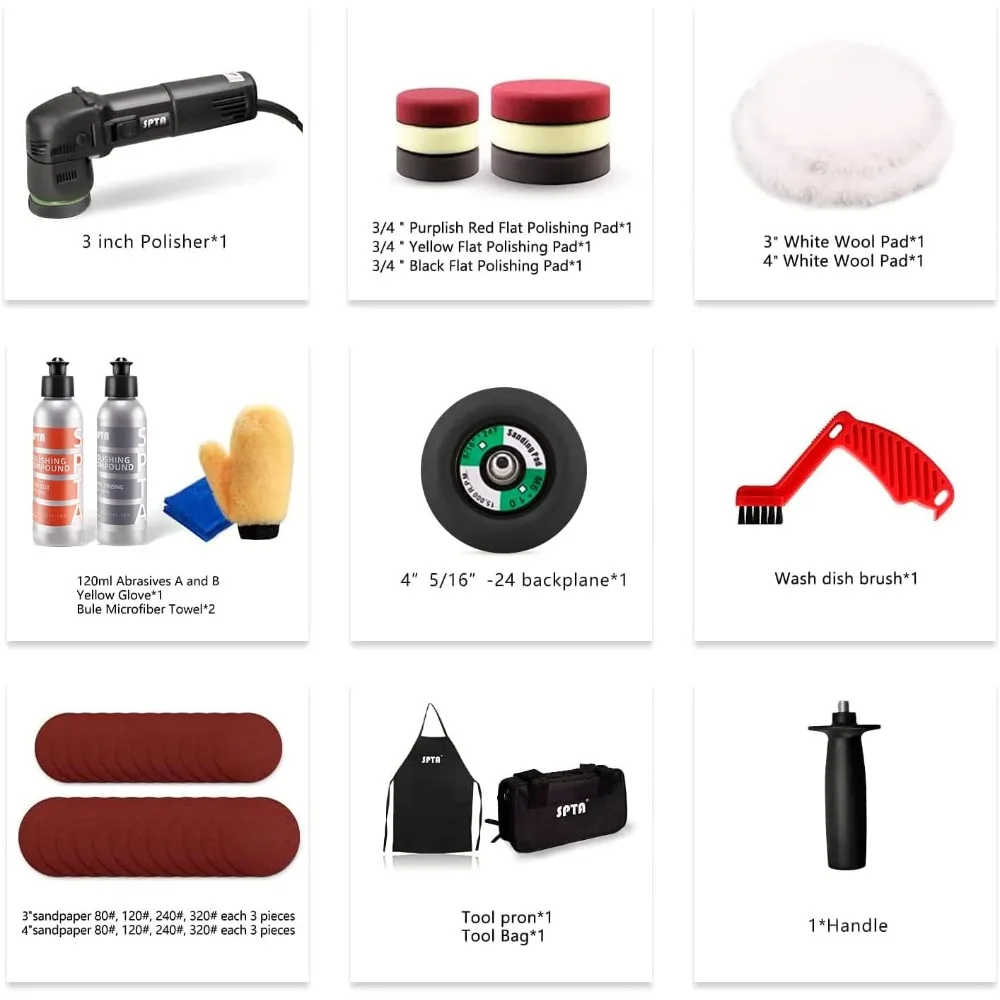 ملمع مداري صغير - 3 بوصة 10 مم/780 وات متغير السرعة مزدوج الحركة مع وسادات تلميع وأقراص الصنفرة وتكييف الوسادة Br #2