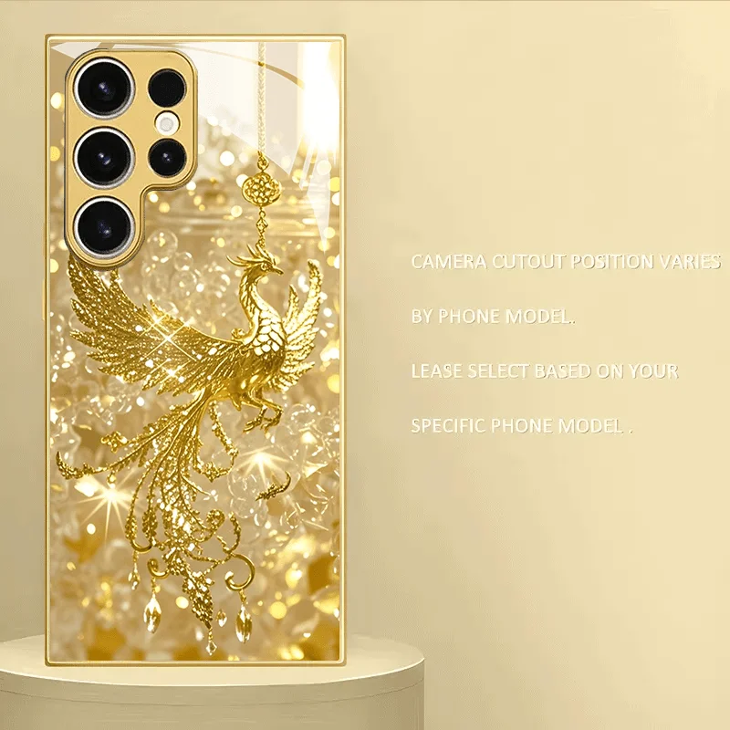 Golden Phoenix Glass Phone Case Suitable for Samsung Galaxy S26 S25 S24 S23 S22 S20 FE/Ultra/Plus Anti Drop