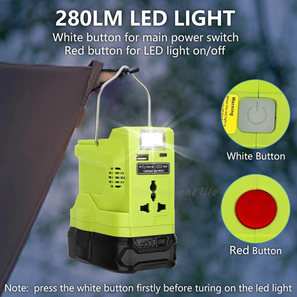 

200W Powered Inverter Generator Compatible with Ryobi 18V Battery Portable Power Source with 280LM Light USB Port Type-C Port