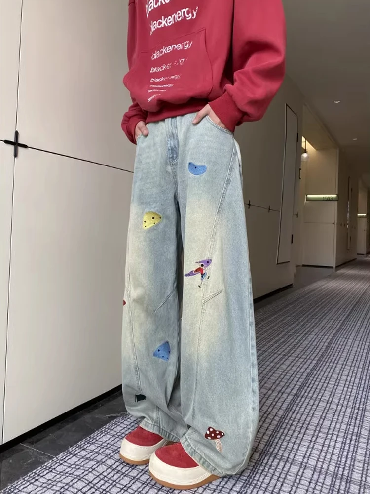 Męskie jeansy z nadrukiem w stylu casual, amerykańskie, modne na jesień, uniwersalne, do noszenia na co dzień, luźne spodnie z prostymi nogawkami.