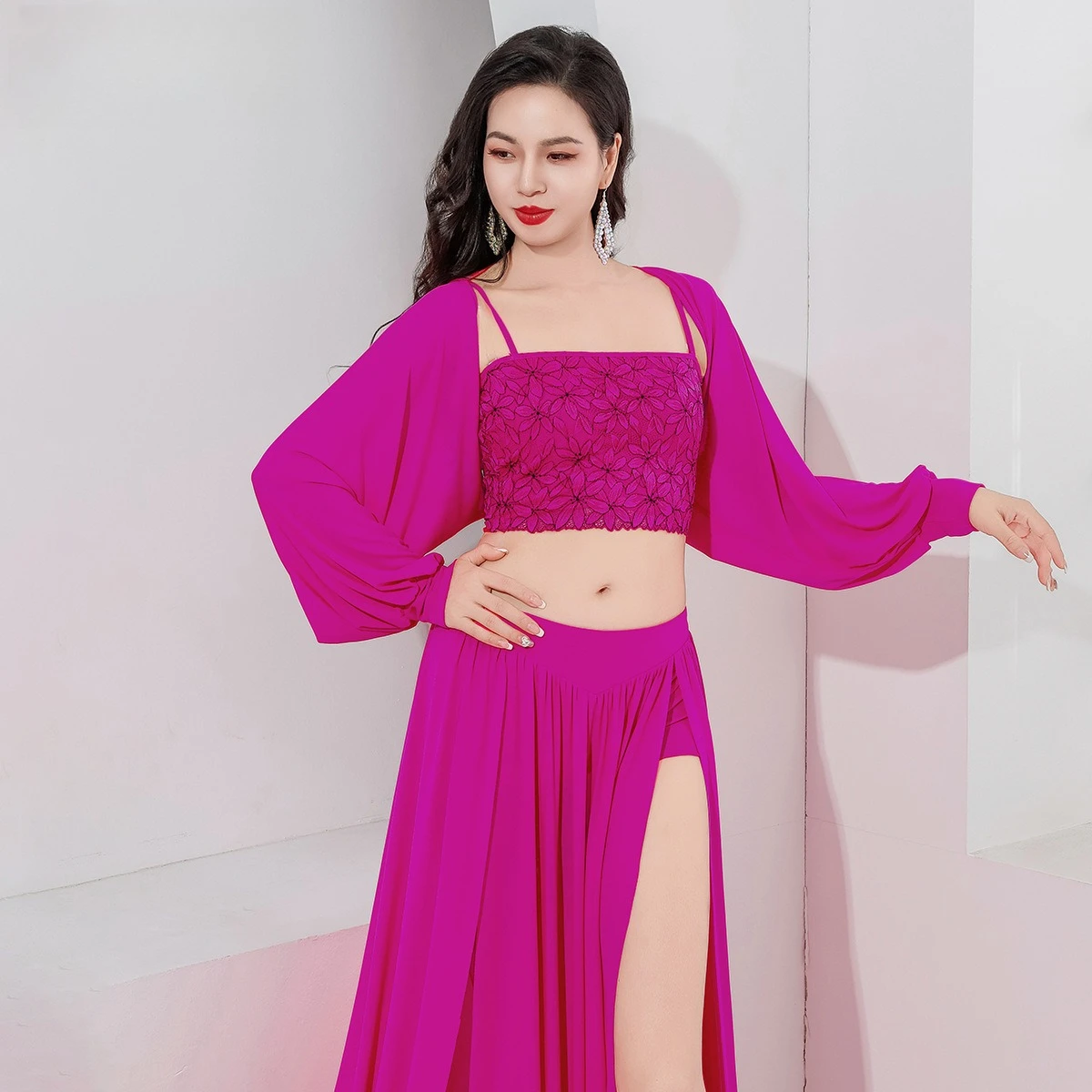 Dance Skim Belly Practice Clothes for Women's Sexy Lace Mesh Long Skirt 3pcs Girls Belly Dancer Performance Costume Suit