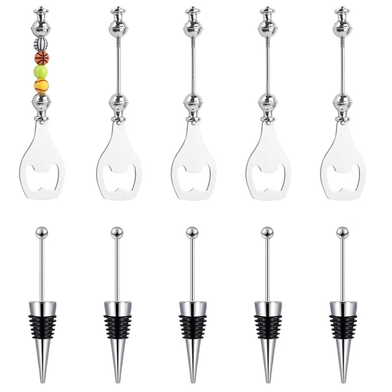 10 Pcs Beadable Wine Stoppers Beer Opener Set, 5Pcs Decorative Wine Stoppers & 5Pcs Alloy Reusable Bottle Opener