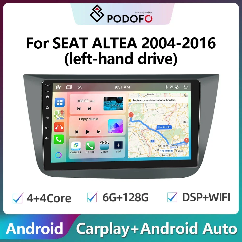 Podofo 2Din Android Car Radio Multimidia Video Player For SEAT ALTEA 2004-2016 GPS Navigation 2din Carplay Auto Stereo Player