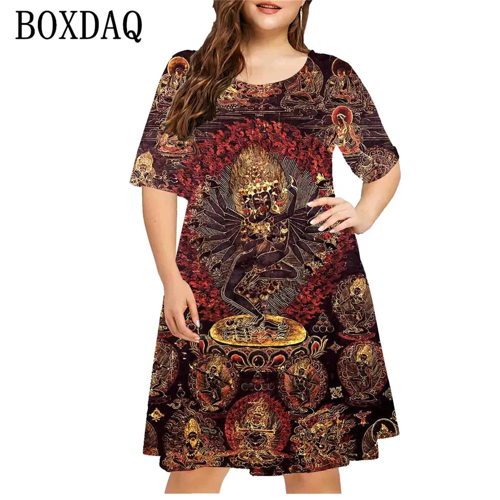 Mulheres com pintura 3D Horror Padrão Vestido, Vestidos de manga curta, solto, Pintura, Linha A, Plus Size, Streetwear Casual, 2024