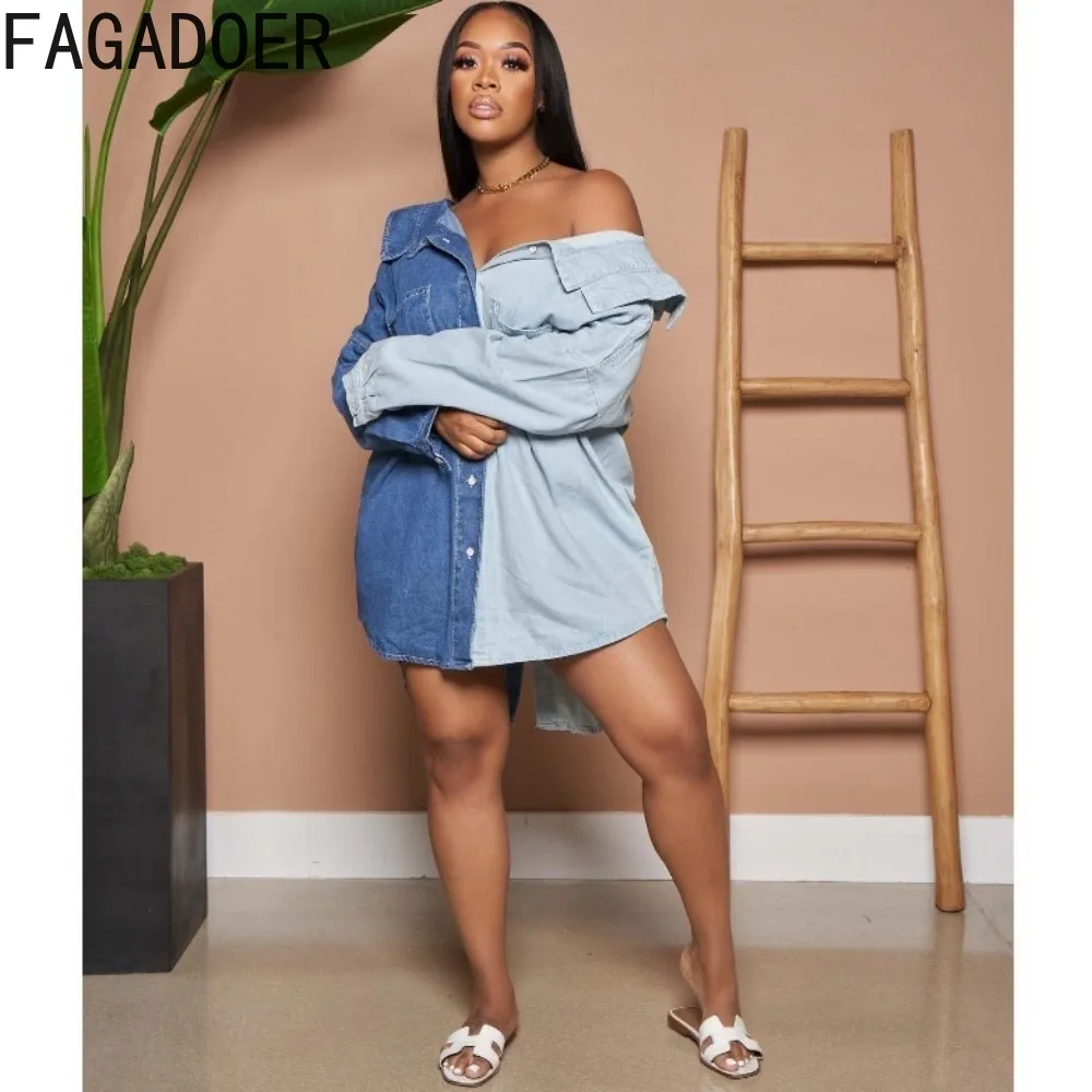 FAGADOER Fashion Denim Splicing Turndown Collar Button Shirt Dresses Women Long Sleeve Loose Irregular Vestidos Female Clothing