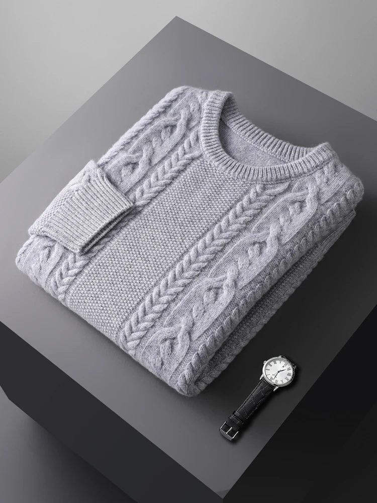 O-Neck Cable Stitch Pullover Autumn Winter Men's 100% Merino Wool Knitted Sweater Smart Casual Tops Soft Warm Fashion Clothing