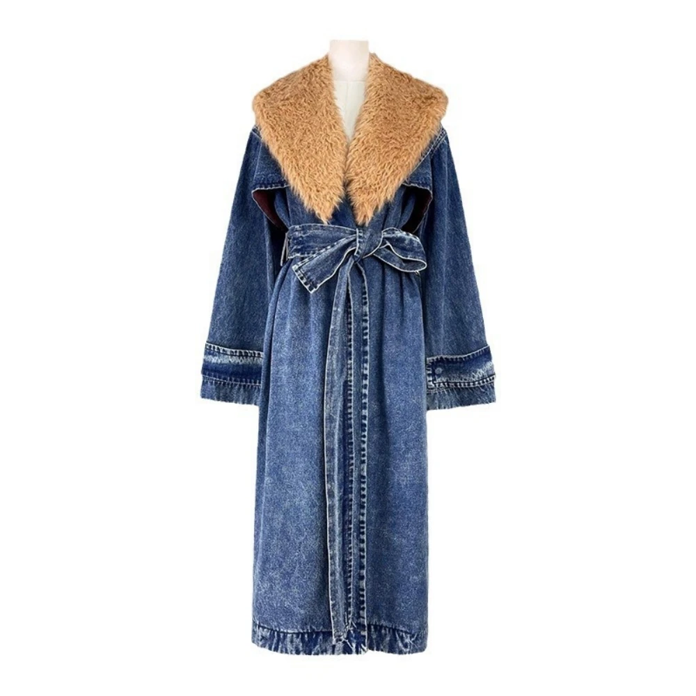 Women's Fashionable Warm Long Denim Trench Coat New High-end Autumn/Winter Design with Detachable Fur Collar