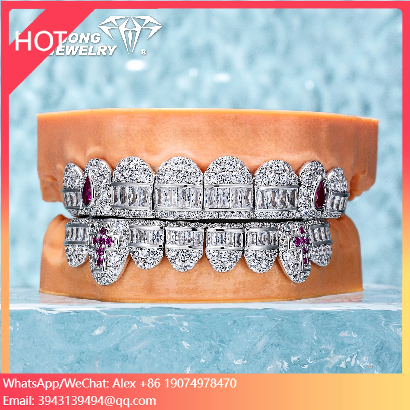 

925 Silver -Hop Fine Jewelry Hybrid Diamond & Moissanite Grills With Cross Pear Cut Fangs VVS Grills For Teeth Hybr