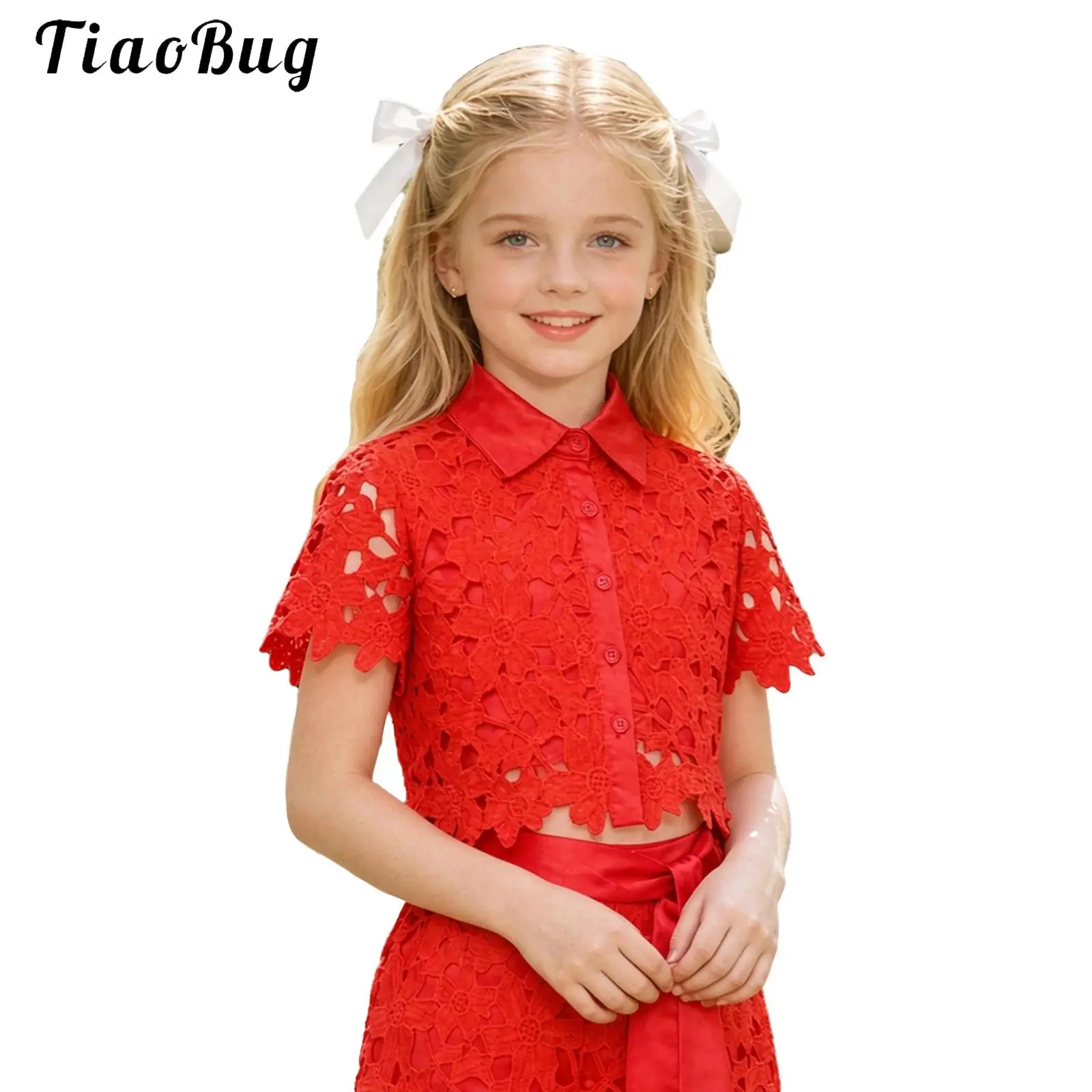Children's Hollow Out Floral Lace Shirts Blouses Kids Girls Turn-down Collar Short Sleeve Button Crop Top Wedding Birthday Party