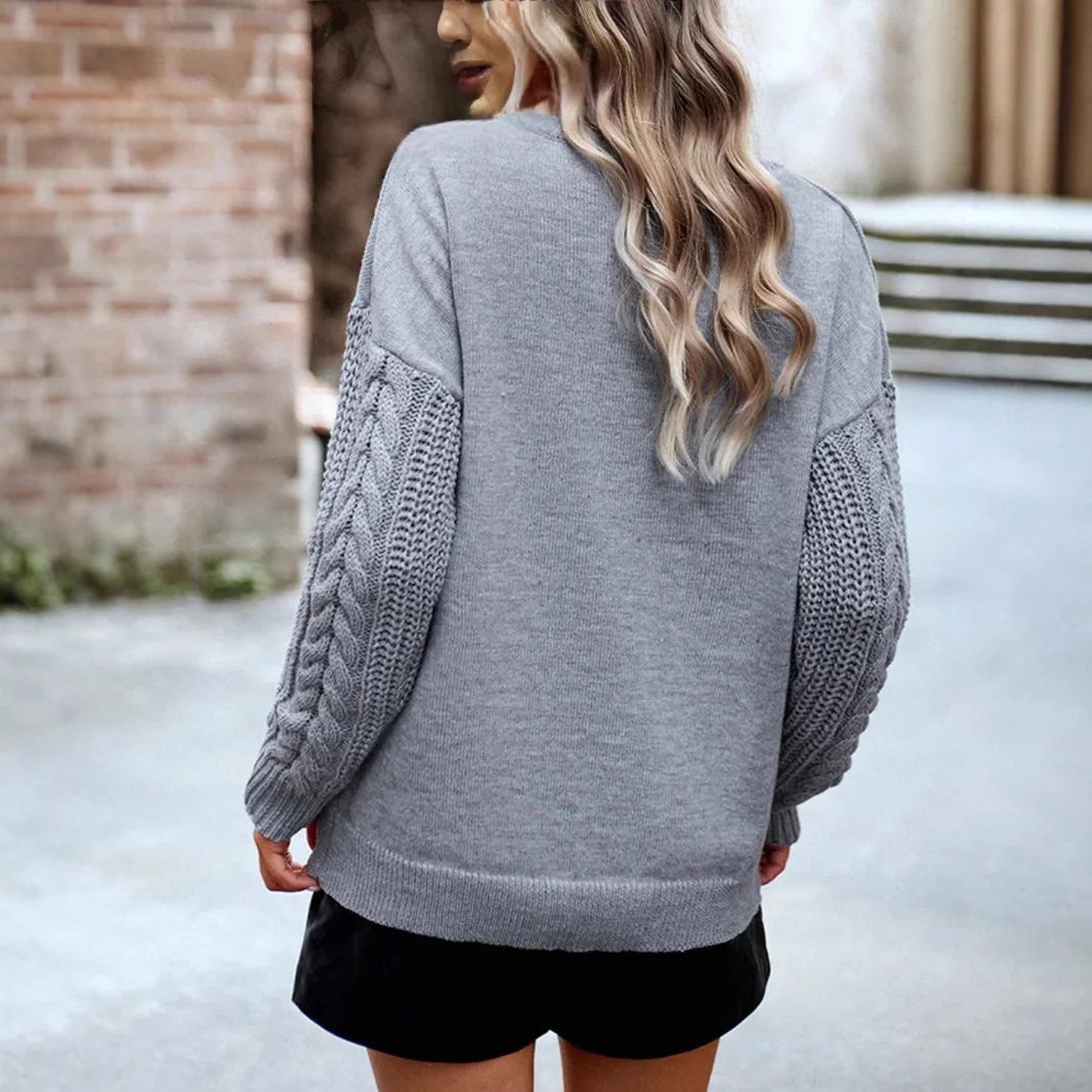 بلوفرات نسائية محبوكة بالكابل سترات صلبة برقبة دائرية وأكمام طويلة سميكة وفضفاضة أنيقة غير رسمية لخريف وشتاء 2025 #4