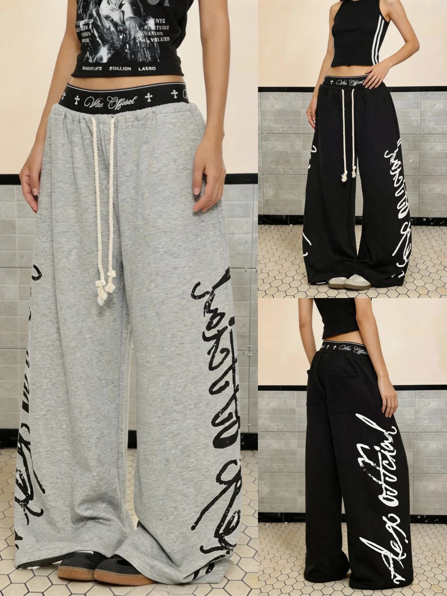 American Style Casual Streetwear Letter Print Loose Fit Dance Sport Pants Women's High Waist Wide Leg Pants Autumn Wear