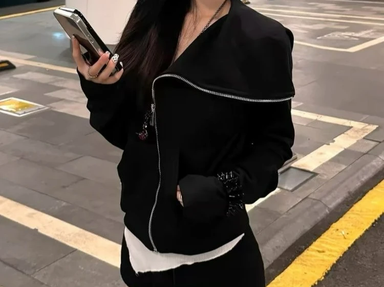 

Vintage Zipper Turn-Down Collar Long Sleeve Cardigan Jacket for Women New Slim Fit Short Black Top for Spring and Autumn