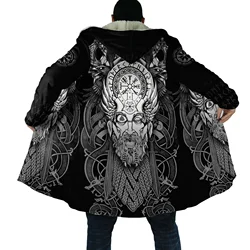 Winter Fashion Mens cloak Mjolnir Odin Tattoo Vegvisir Rune 3D Print Thick Fleece Hooded Coat Unisex Casual Warm Cape coat DP21
