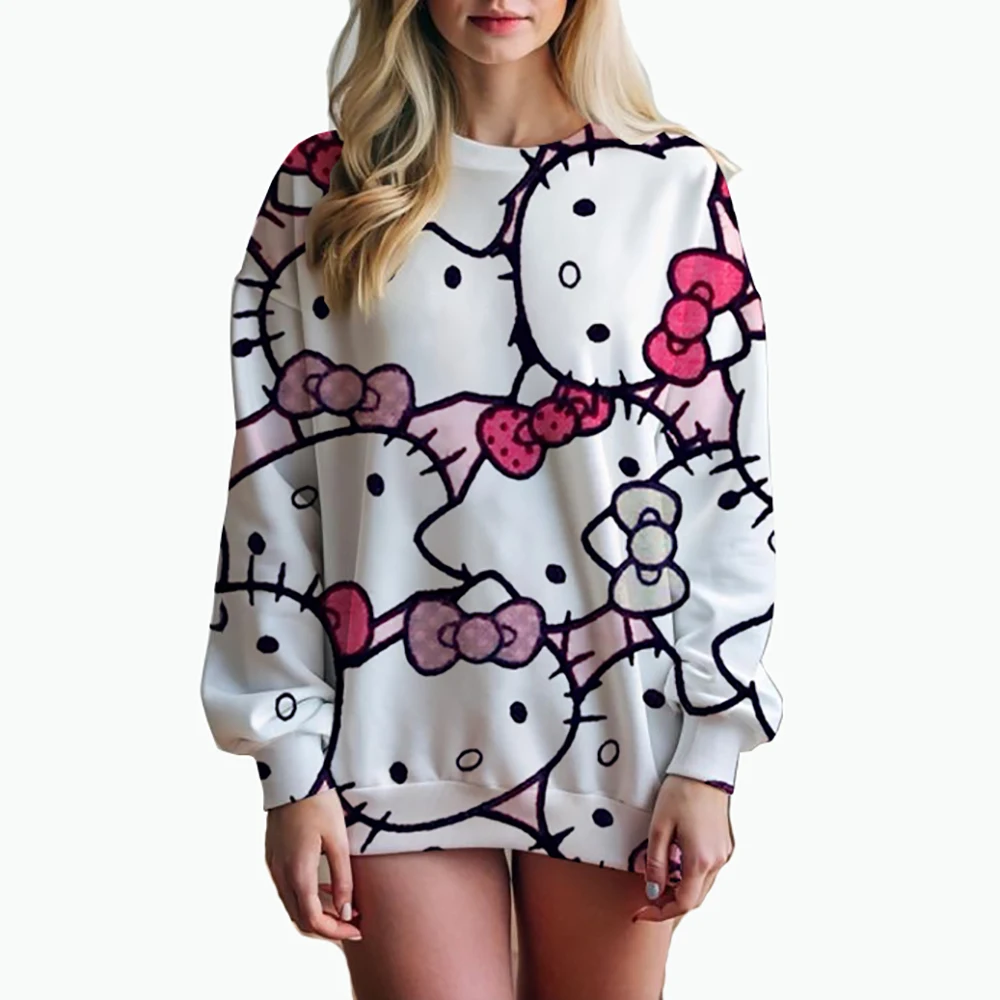 O Neck Hello Kitty Women\'s Long Sleeve Sweatshirts Autumn Lovely 2024 Leisure 3D Print Pullovers S-3XL Youthful Woman Clothes