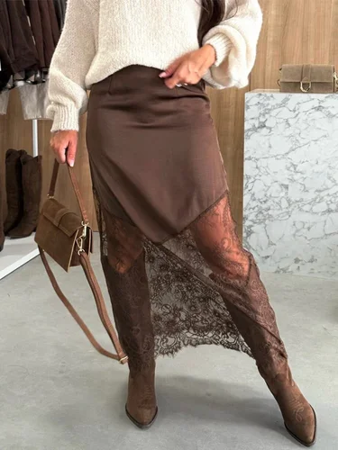 Faldas elegantes de encaje satinado rosa para mujer, falda larga ajustada con botones laterales lisos, faldas de seda a media pantorrilla para mujer de calle, novedad de Otoño de 2025