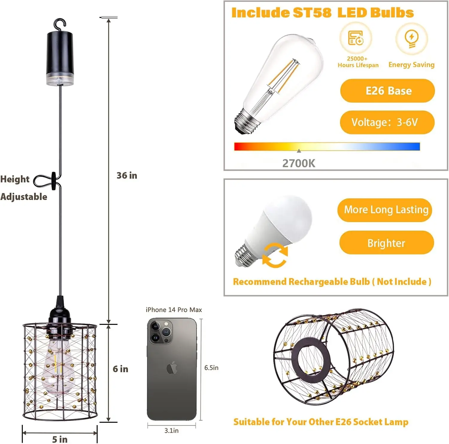 Lámpara de araña para exteriores con pilas, lámpara colgante impermeable para cenador, pérgola, porche, patio - 4 pilas AA