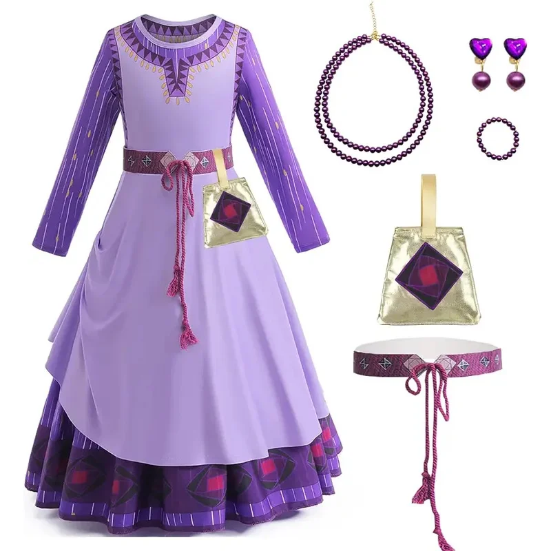 Princess Asha Wish Dress for Girls Cosplay Purple Dress asha Costume Kids Christmas Carnival Party Fancy Clothes Wig