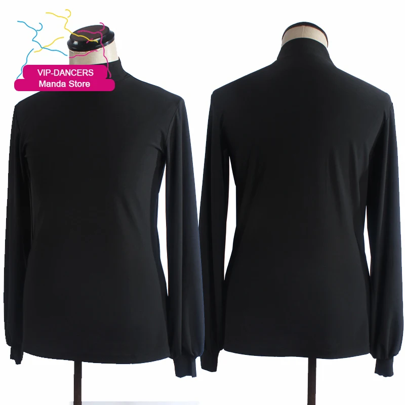 Ropa de baile latino para hombre, Top negro de manga larga con cuello alto, traje de baile de salón estándar, Ropa de baile de entrenamiento masculino VDL3534